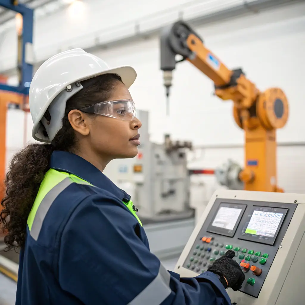 AI is used in manufacturing to optimize production and improve quality control. A factory worker is using AI to monitor the production line.