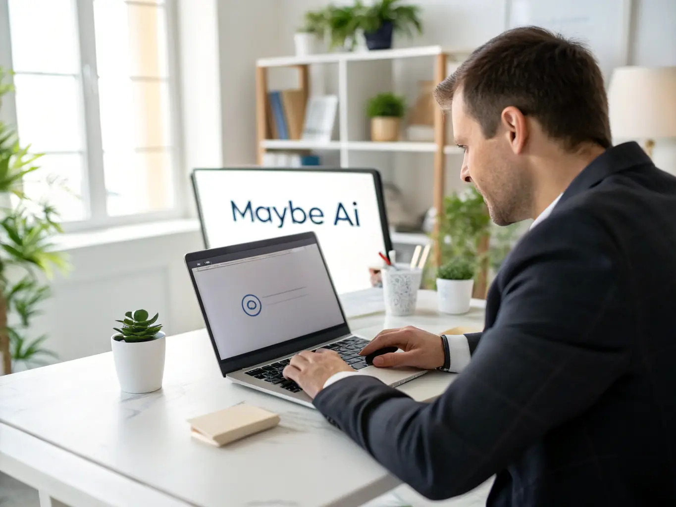 An image depicting a customizable AI template being used on a laptop, with various data points and algorithms visualized on the screen. The template is designed to be user-friendly and adaptable to different business needs, with clear instructions and customizable fields.